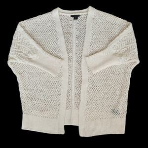 Tahari Cream Open Knit Cotton Cardigan M Coastal Grandmother Resort Travel EUC